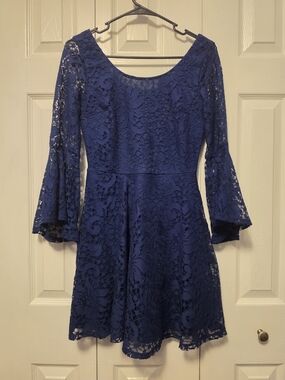 BCX Royal Blue Lace Fit-and-Flare Dress with Bell Sleeves